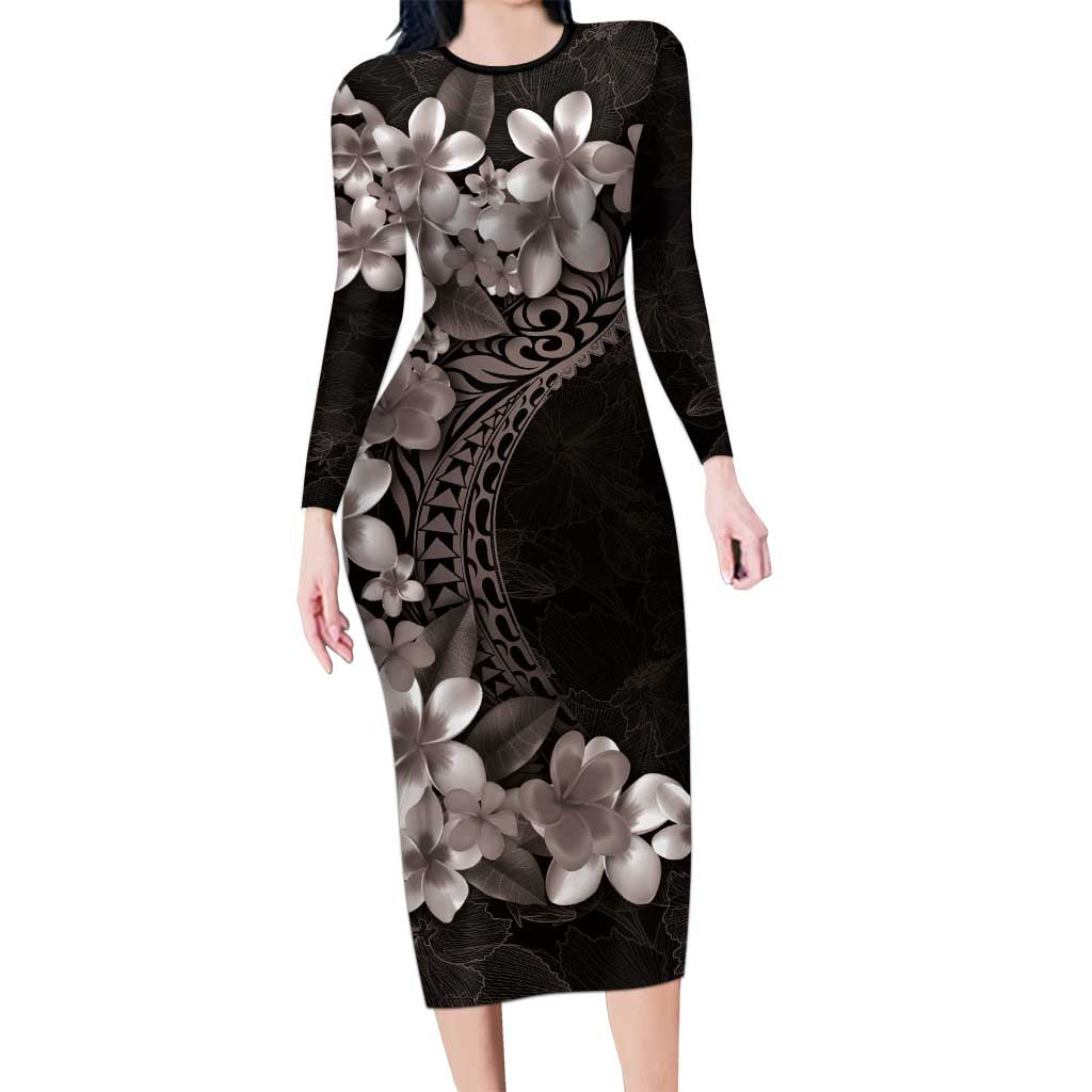 Hawaiian Plumeria-Polynesian Art Tattoo Grayscale Color Family Matching Long Sleeve Bodycon Dress and Hawaiian Shirt