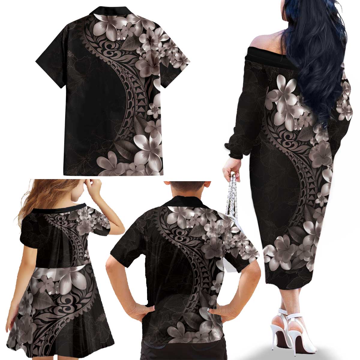Hawaiian Plumeria-Polynesian Art Tattoo Grayscale Color Family Matching Off The Shoulder Long Sleeve Dress and Hawaiian Shirt