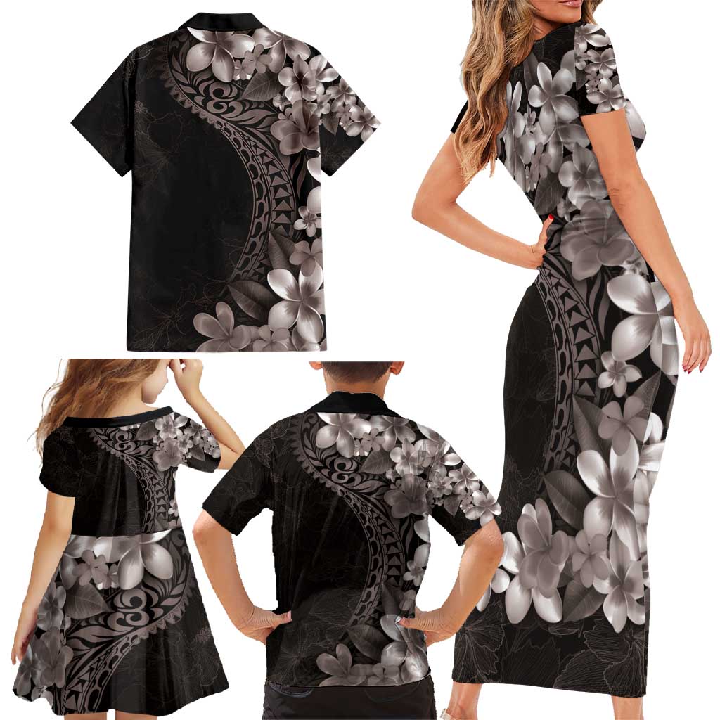 Hawaiian Plumeria-Polynesian Art Tattoo Grayscale Color Family Matching Short Sleeve Bodycon Dress and Hawaiian Shirt