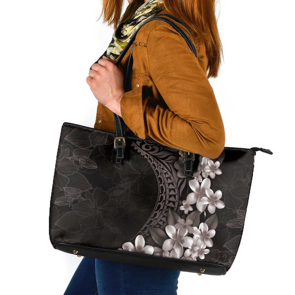 Hawaiian Plumeria-Polynesian Art Tattoo Grayscale Color Leather Tote Bag