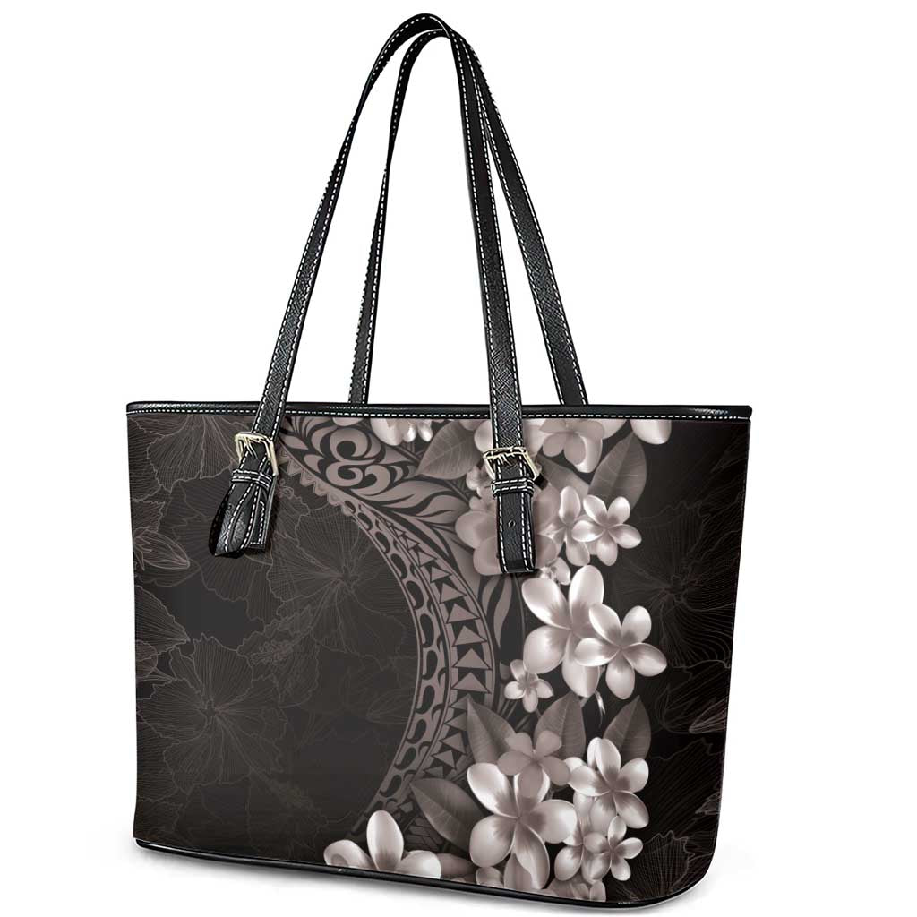 Hawaiian Plumeria-Polynesian Art Tattoo Grayscale Color Leather Tote Bag