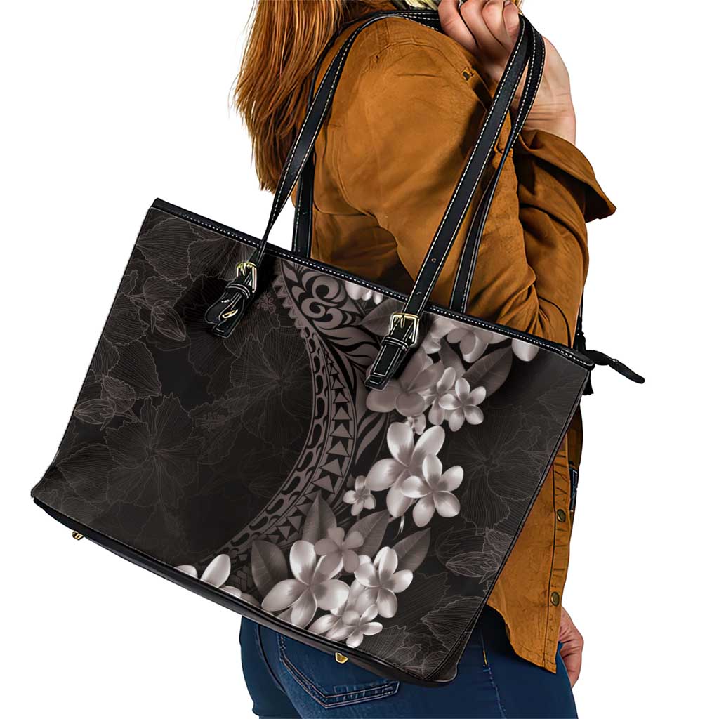 Hawaiian Plumeria-Polynesian Art Tattoo Grayscale Color Leather Tote Bag