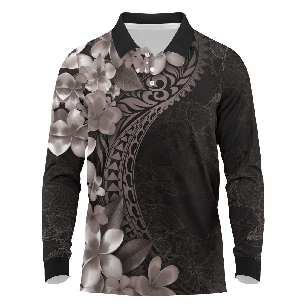 Hawaiian Plumeria-Polynesian Art Tattoo Grayscale Color Long Sleeve Polo Shirt