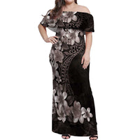 Hawaiian Plumeria-Polynesian Art Tattoo Grayscale Color Off Shoulder Maxi Dress LT03 Women Gray - Polynesian Pride
