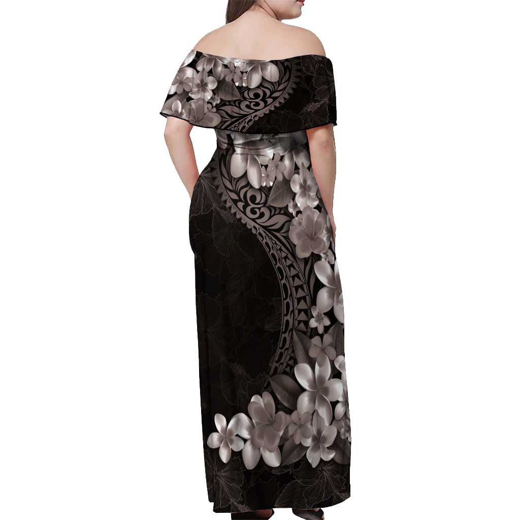 Hawaiian Plumeria-Polynesian Art Tattoo Grayscale Color Off Shoulder Maxi Dress LT03 - Polynesian Pride