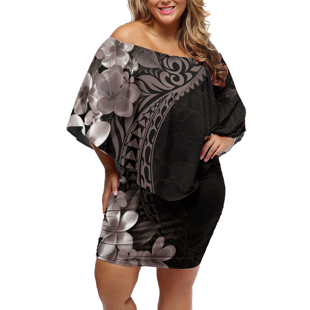 Hawaiian Plumeria-Polynesian Art Tattoo Grayscale Color Off Shoulder Short Dress