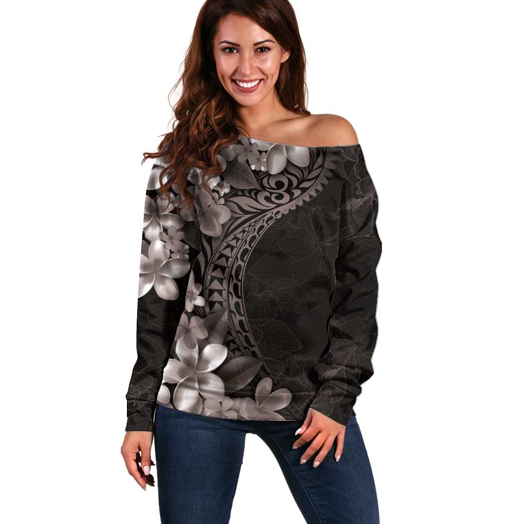 Hawaiian Plumeria-Polynesian Art Tattoo Grayscale Color Off Shoulder Sweater