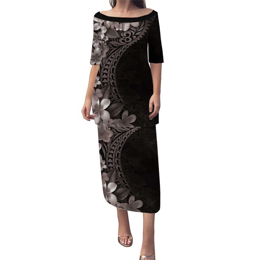 Hawaiian Plumeria-Polynesian Art Tattoo Grayscale Color Puletasi LT03 Long Dress Gray - Polynesian Pride