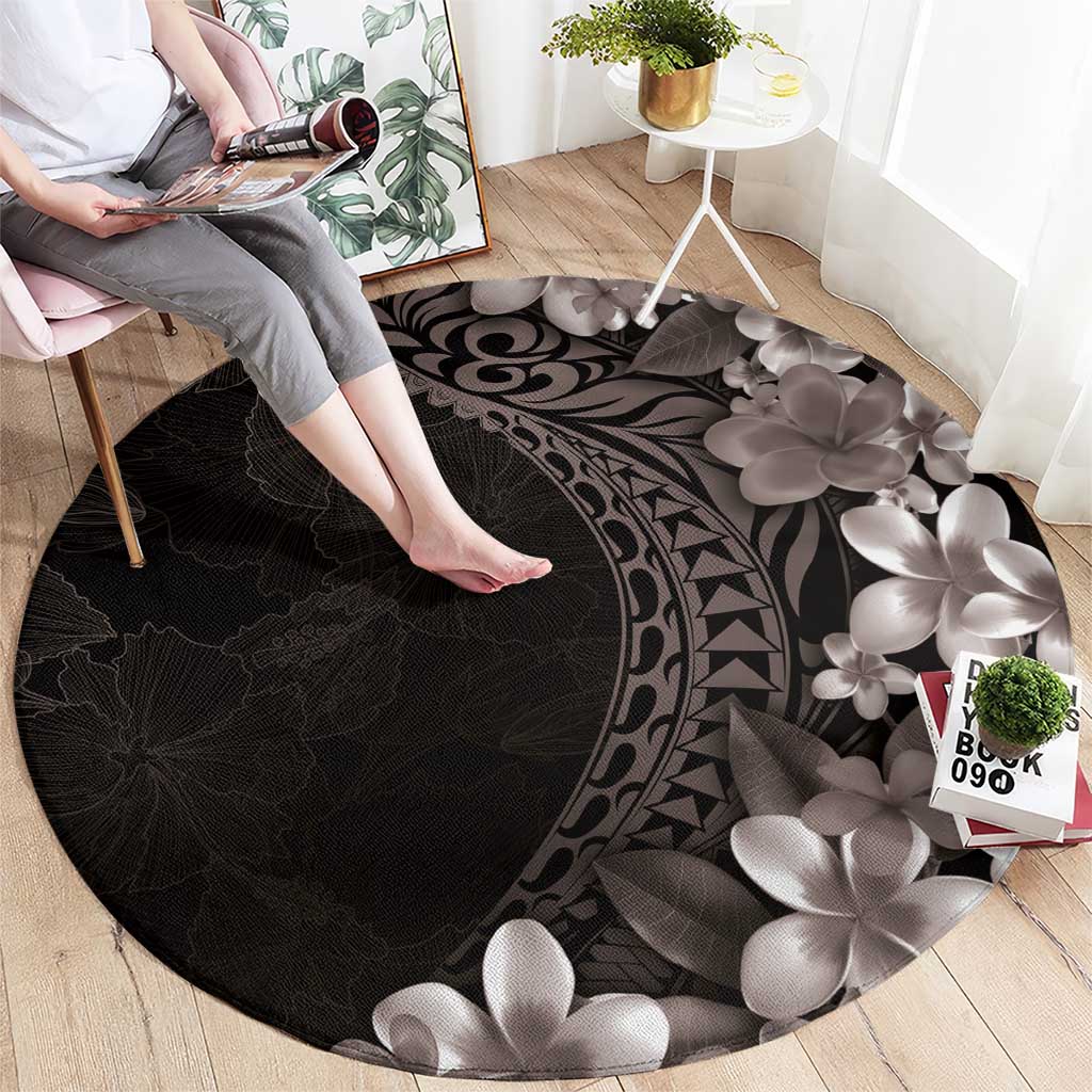 Hawaiian Plumeria-Polynesian Art Tattoo Grayscale Color Round Carpet