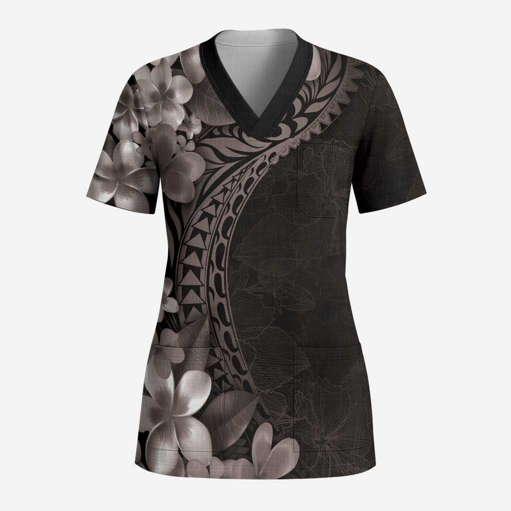Hawaiian Plumeria-Polynesian Art Tattoo Grayscale Color Scrub Top - Polynesian Pride