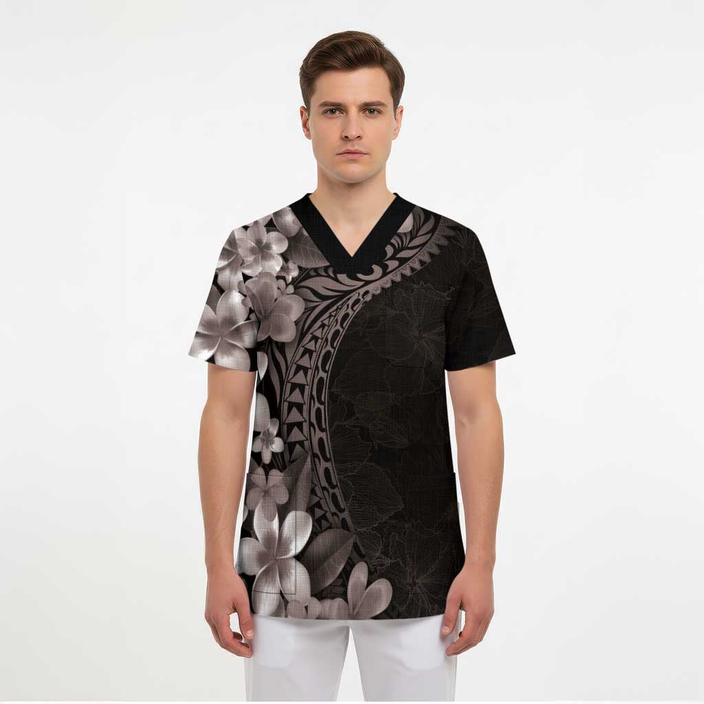 Hawaiian Plumeria-Polynesian Art Tattoo Grayscale Color Scrub Top - Polynesian Pride