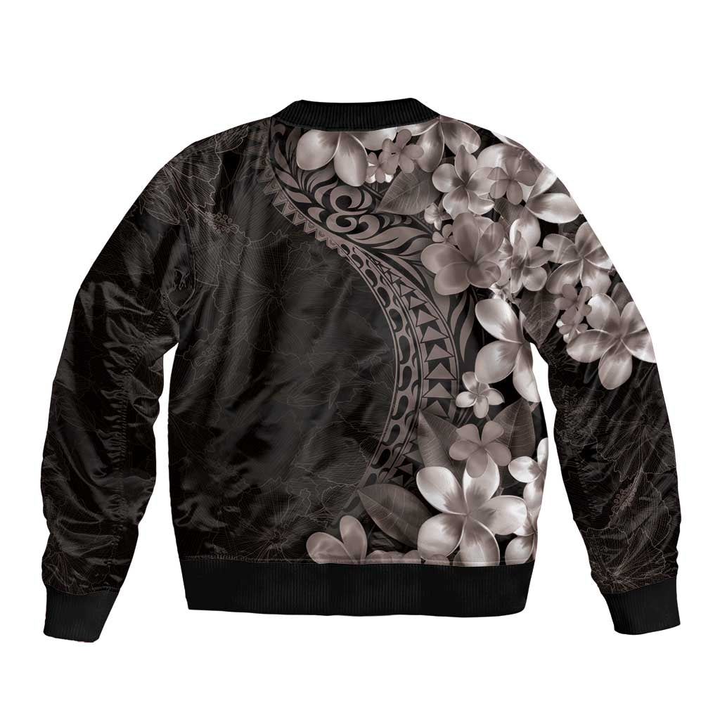 Hawaiian Plumeria-Polynesian Art Tattoo Grayscale Color Sleeve Zip Bomber Jacket