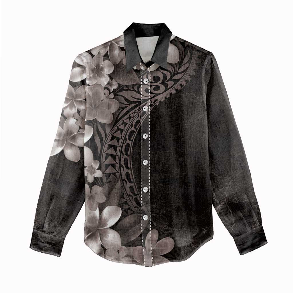 Hawaiian Plumeria-Polynesian Art Tattoo Grayscale Color Women Casual Shirt