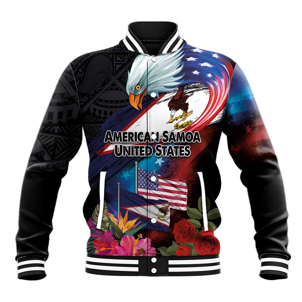 American Samoa and United States Together Baseball Jacket National Flag with Eagle-Hibiscus and Rose