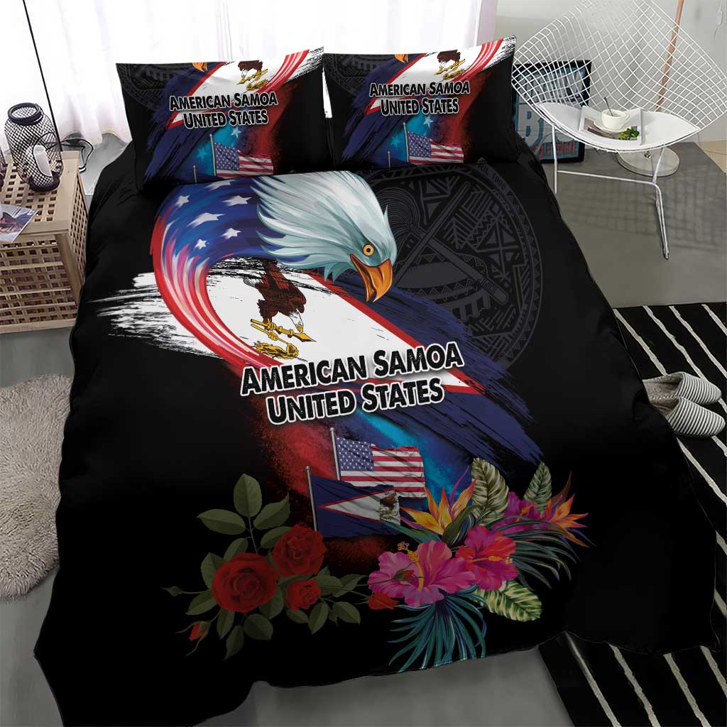 American Samoa and United States Together Bedding Set National Flag with Eagle-Hibiscus and Rose