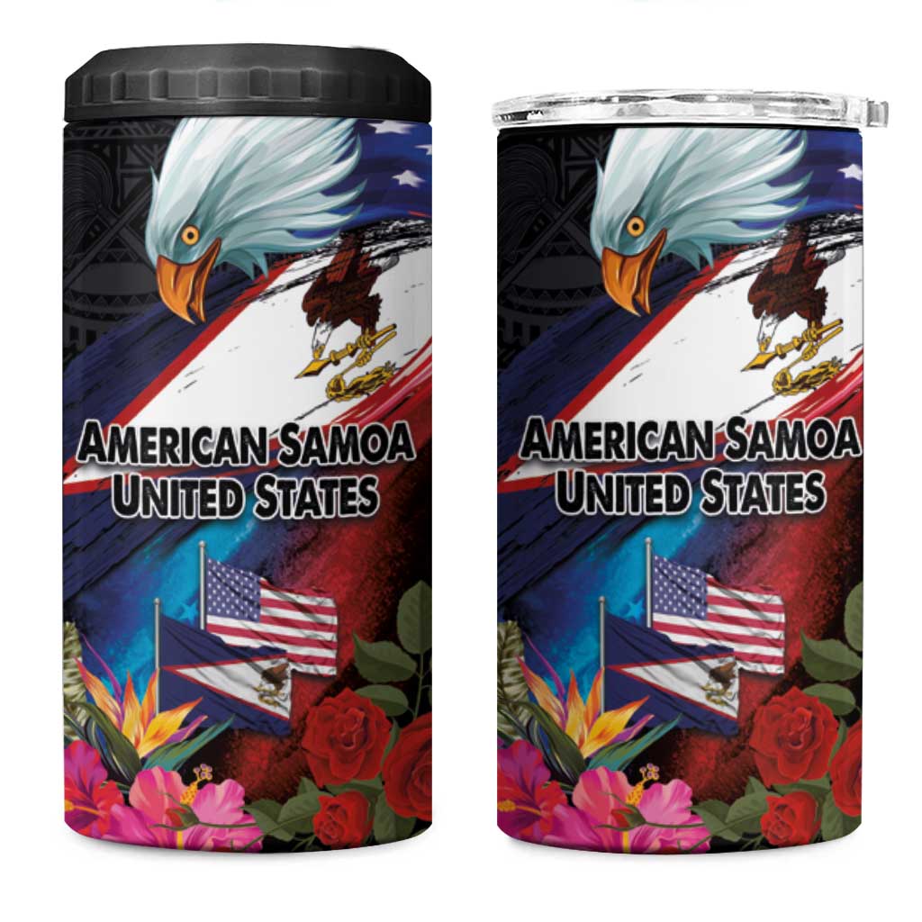 American Samoa and United States Together 4 in 1 Can Cooler Tumbler National Flag with Eagle-Hibiscus and Rose