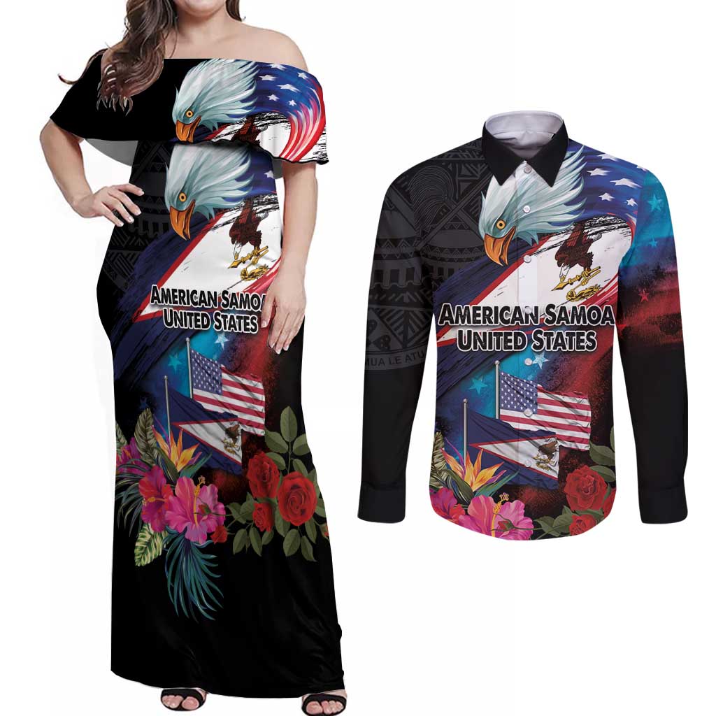 American Samoa and United States Together Couples Matching Off Shoulder Maxi Dress and Long Sleeve Button Shirt National Flag with Eagle-Hibiscus and Rose
