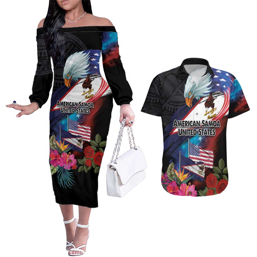 American Samoa and United States Together Couples Matching Off The Shoulder Long Sleeve Dress and Hawaiian Shirt National Flag with Eagle-Hibiscus and Rose