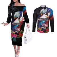 American Samoa and United States Together Couples Matching Off The Shoulder Long Sleeve Dress and Long Sleeve Button Shirt National Flag with Eagle-Hibiscus and Rose