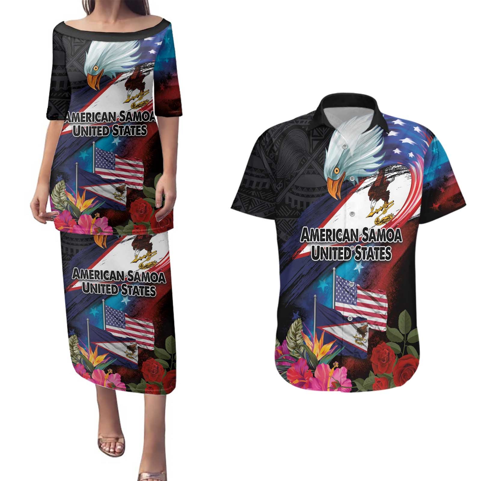 American Samoa and United States Together Couples Matching Puletasi and Hawaiian Shirt National Flag with Eagle-Hibiscus and Rose