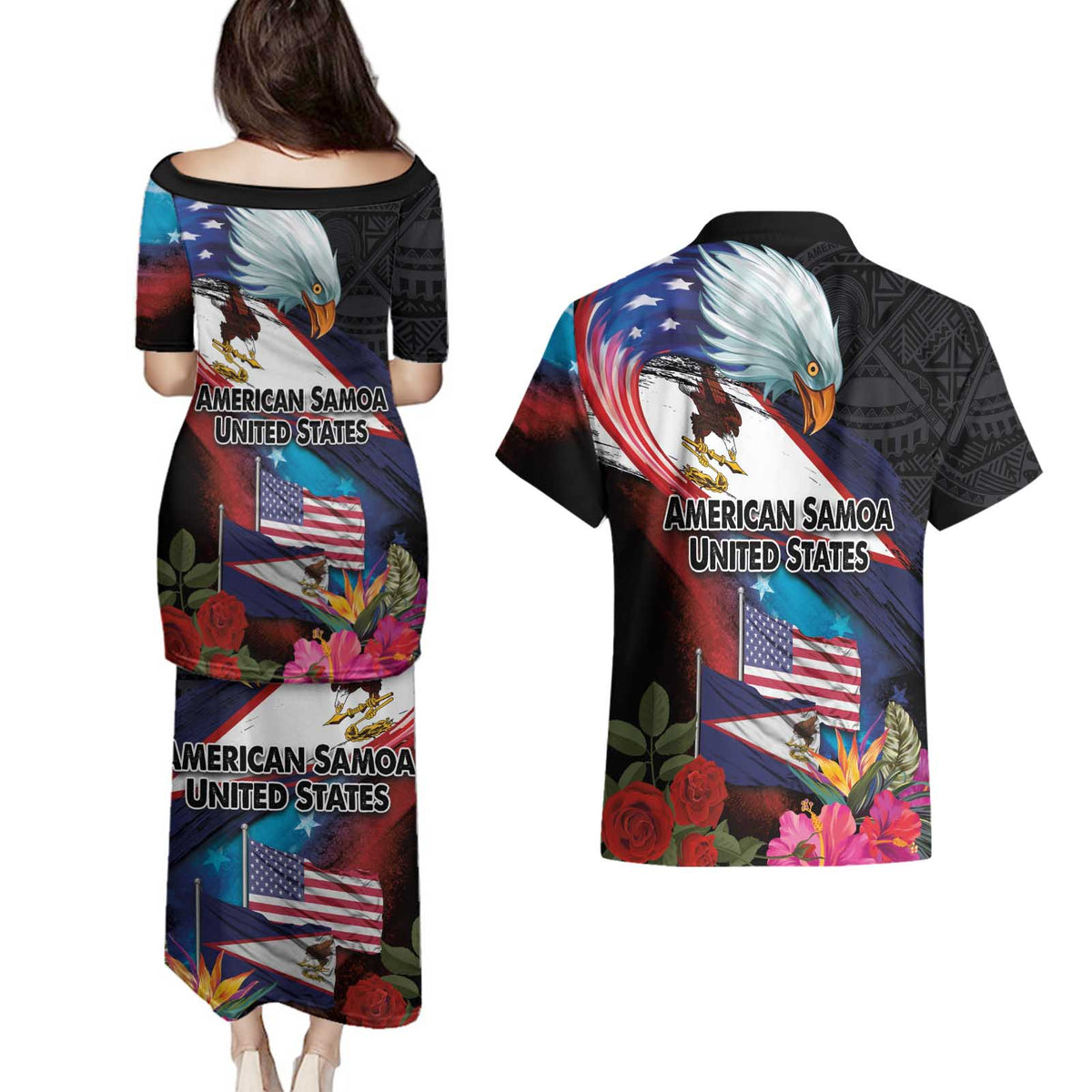 American Samoa and United States Together Couples Matching Puletasi and Hawaiian Shirt National Flag with Eagle-Hibiscus and Rose