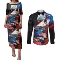 American Samoa and United States Together Couples Matching Puletasi and Long Sleeve Button Shirt National Flag with Eagle-Hibiscus and Rose