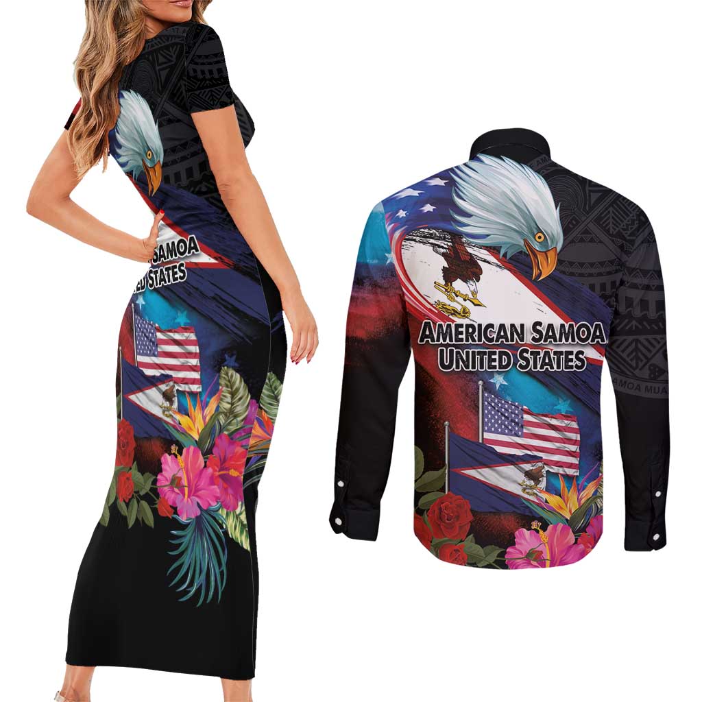 American Samoa and United States Together Couples Matching Short Sleeve Bodycon Dress and Long Sleeve Button Shirt National Flag with Eagle-Hibiscus and Rose