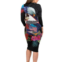 American Samoa and United States Together Family Matching Long Sleeve Bodycon Dress and Hawaiian Shirt National Flag with Eagle-Hibiscus and Rose