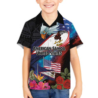 American Samoa and United States Together Family Matching Off The Shoulder Long Sleeve Dress and Hawaiian Shirt National Flag with Eagle-Hibiscus and Rose