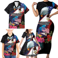 American Samoa and United States Together Family Matching Short Sleeve Bodycon Dress and Hawaiian Shirt National Flag with Eagle-Hibiscus and Rose