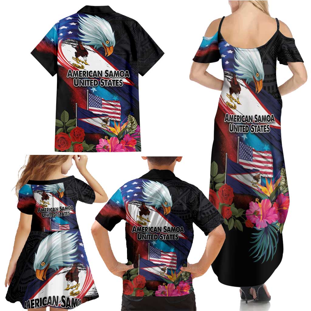 American Samoa and United States Together Family Matching Summer Maxi Dress and Hawaiian Shirt National Flag with Eagle-Hibiscus and Rose