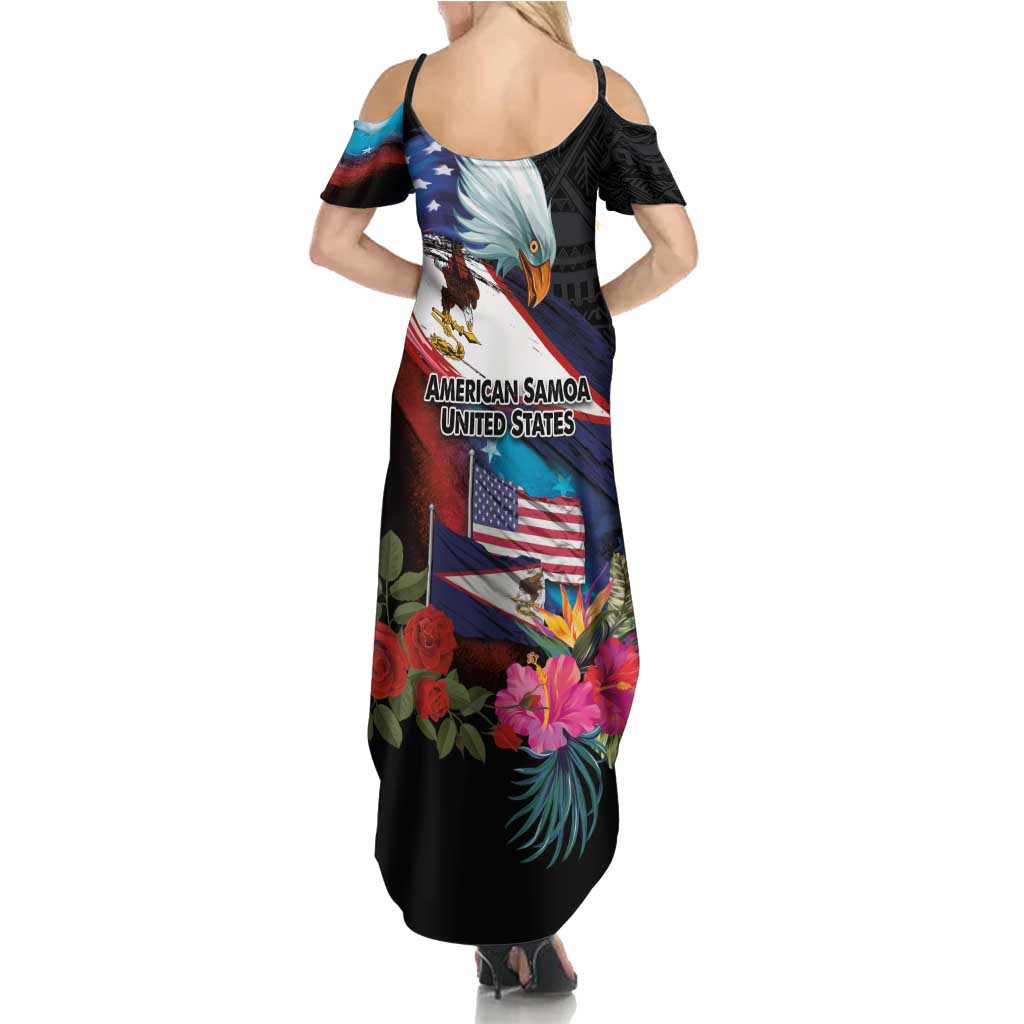 American Samoa and United States Together Family Matching Summer Maxi Dress and Hawaiian Shirt National Flag with Eagle-Hibiscus and Rose
