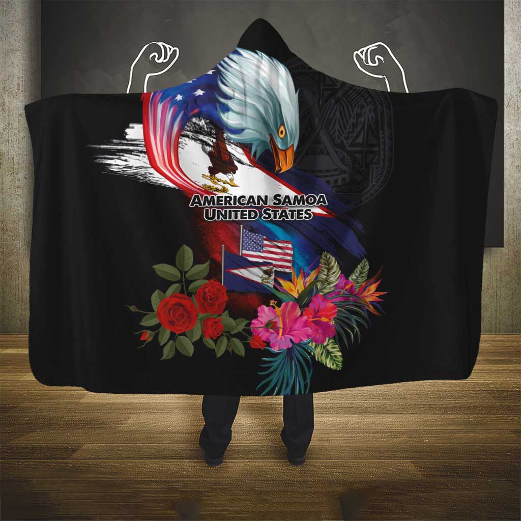 American Samoa and United States Together Hooded Blanket National Flag with Eagle-Hibiscus and Rose