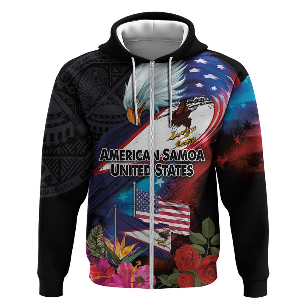 American Samoa and United States Together Hoodie National Flag with Eagle-Hibiscus and Rose