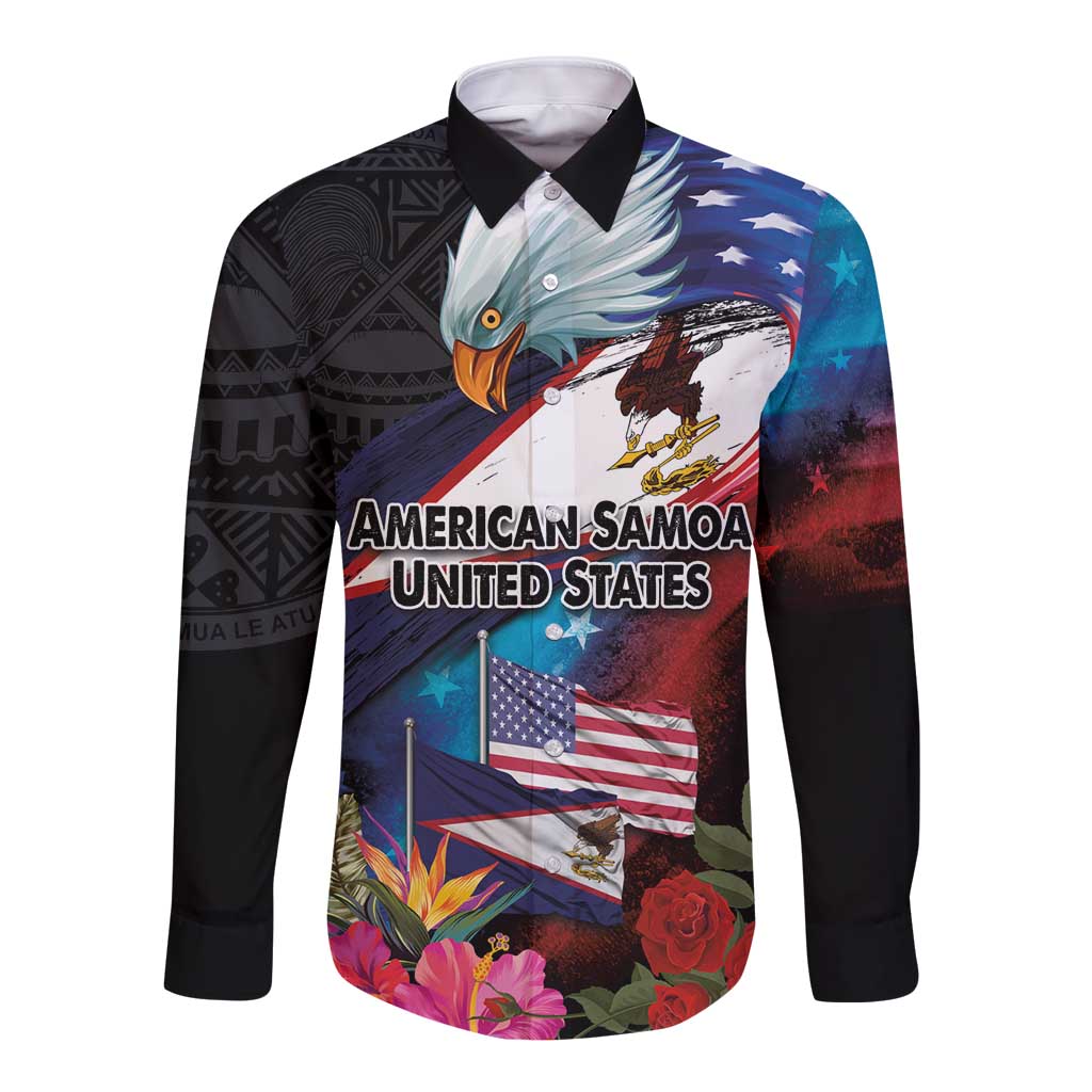 American Samoa and United States Together Long Sleeve Button Shirt National Flag with Eagle-Hibiscus and Rose