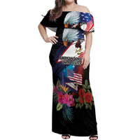 American Samoa and United States Together Off Shoulder Maxi Dress National Flag with Eagle-Hibiscus and Rose