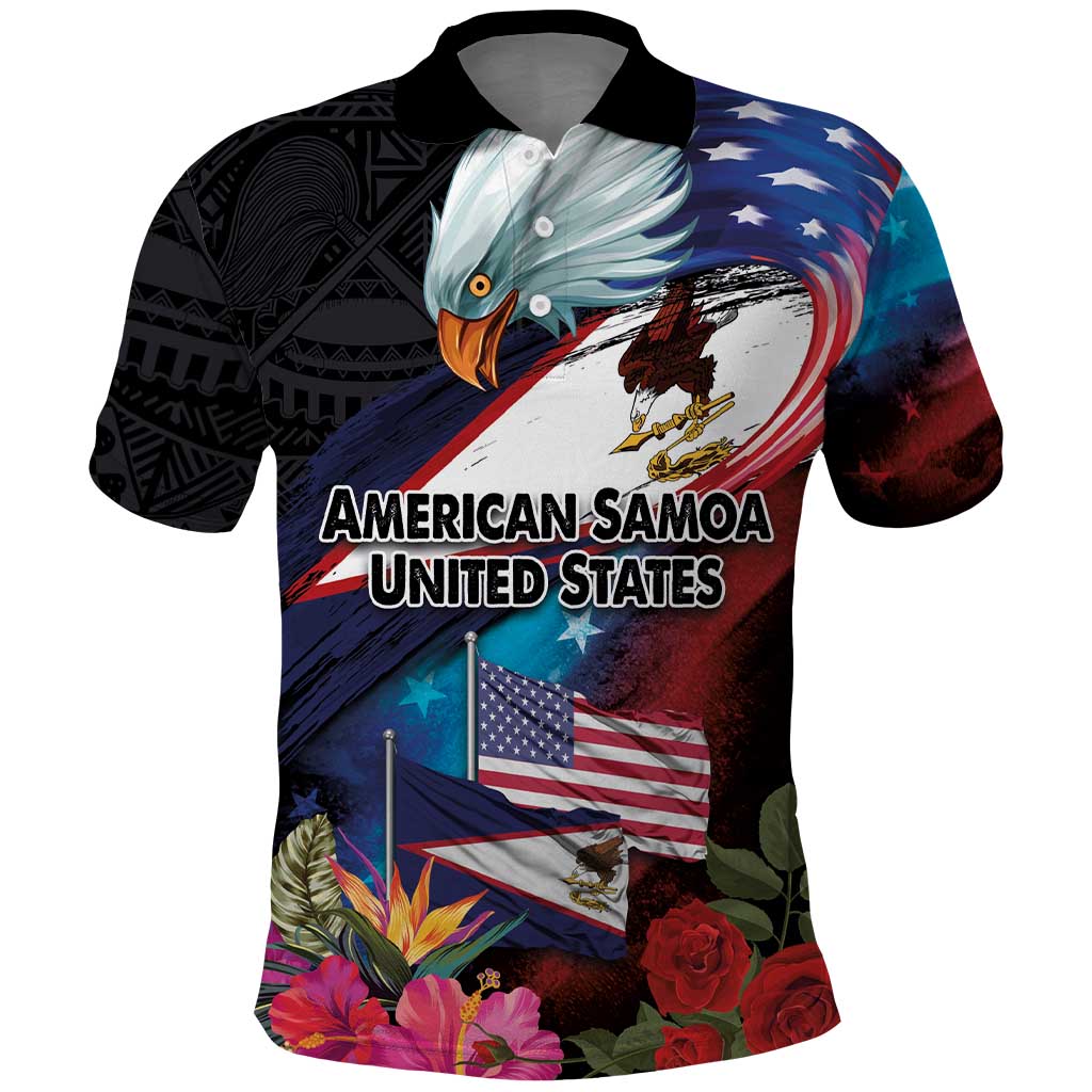 American Samoa and United States Together Polo Shirt National Flag with Eagle-Hibiscus and Rose