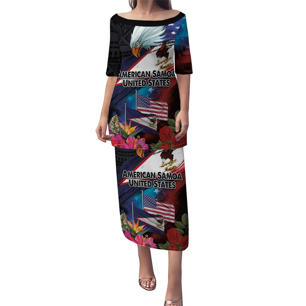 American Samoa and United States Together Puletasi National Flag with Eagle-Hibiscus and Rose