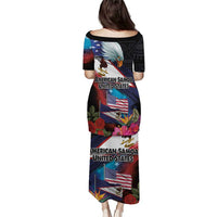 American Samoa and United States Together Puletasi National Flag with Eagle-Hibiscus and Rose