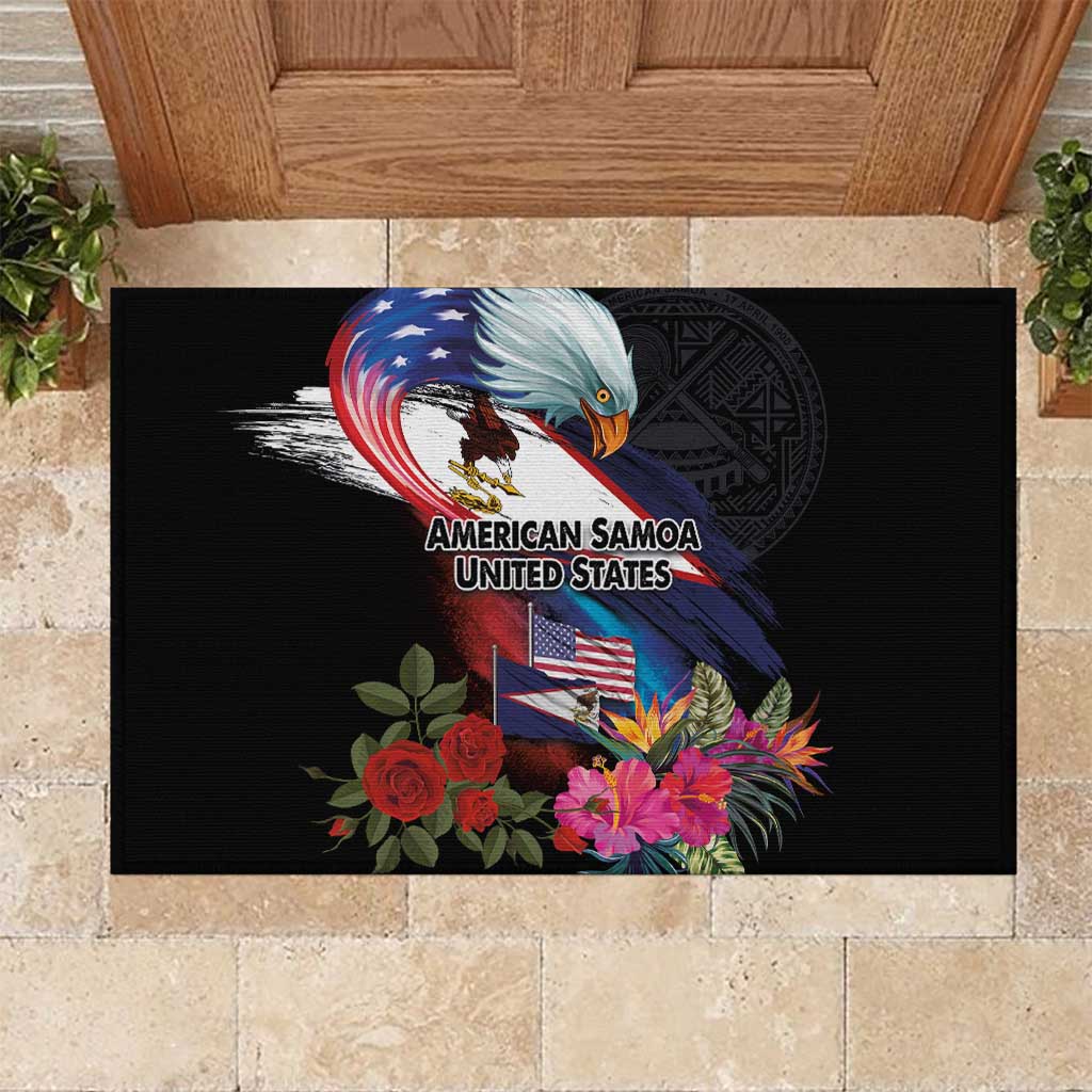 American Samoa and United States Together Rubber Doormat National Flag with Eagle-Hibiscus and Rose