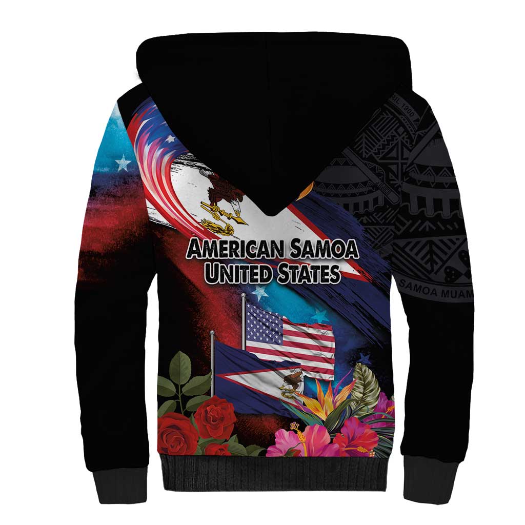 American Samoa and United States Together Sherpa Hoodie National Flag with Eagle-Hibiscus and Rose