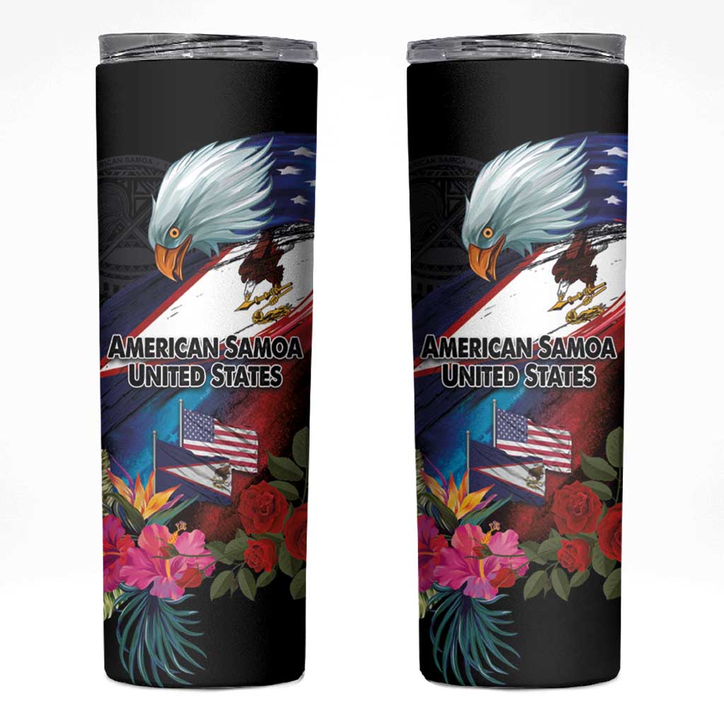 American Samoa and United States Together Skinny Tumbler National Flag with Eagle-Hibiscus and Rose