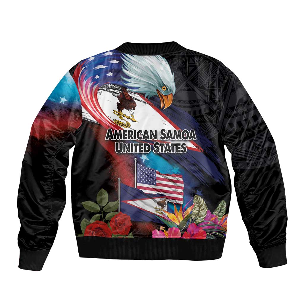 American Samoa and United States Together Sleeve Zip Bomber Jacket National Flag with Eagle-Hibiscus and Rose
