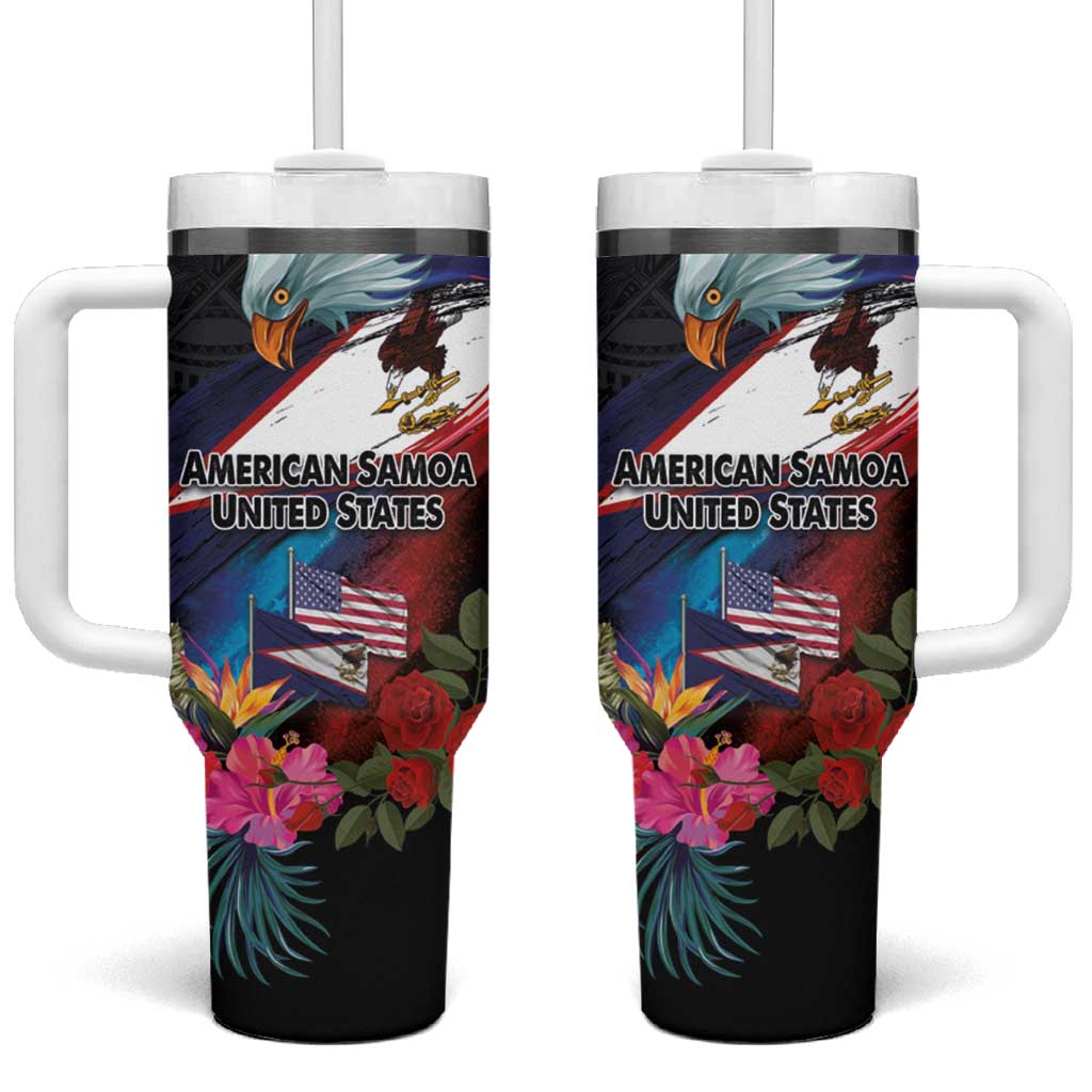 American Samoa and United States Together Tumbler With Handle National Flag with Eagle-Hibiscus and Rose