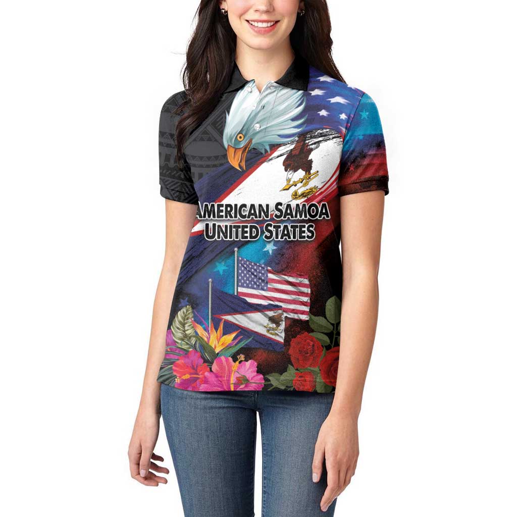 American Samoa and United States Together Women Polo Shirt National Flag with Eagle-Hibiscus and Rose