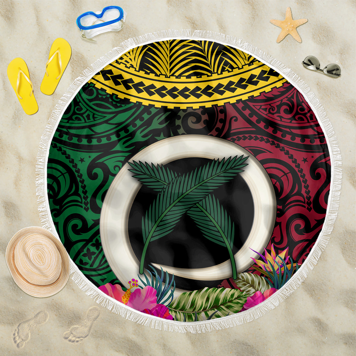 Vanuatu 44th Anniversary Independence Day Beach Blanket Boars Tusk and Namele Plant LT03 One Size 150cm Black - Polynesian Pride