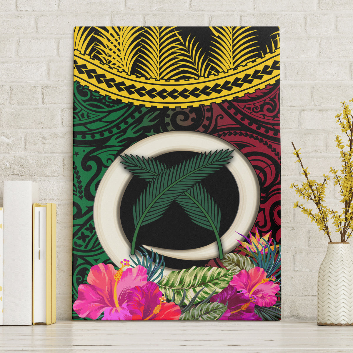 Vanuatu 44th Anniversary Independence Day Canvas Wall Art Boars Tusk and Namele Plant LT03 Without Frame Black - Polynesian Pride
