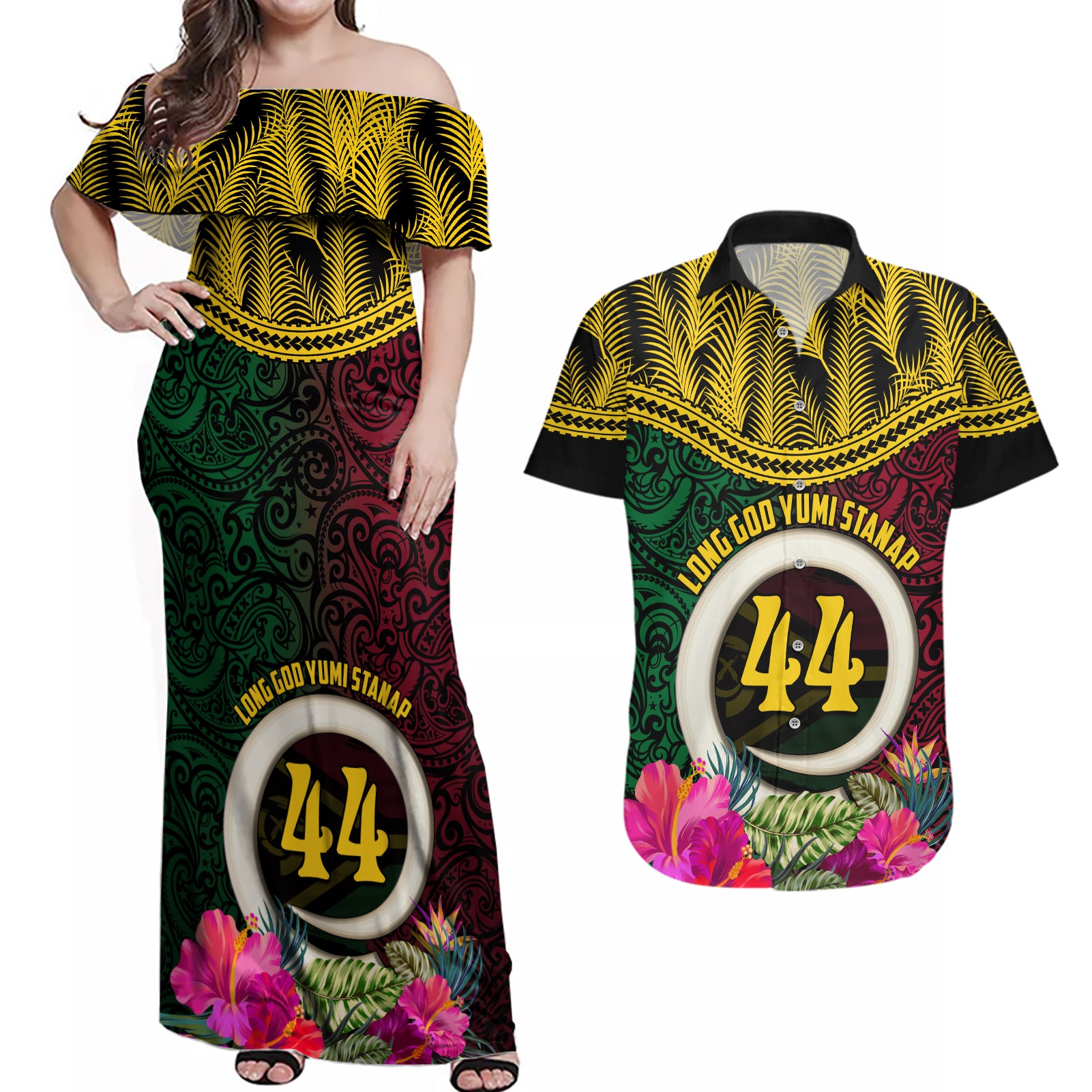 Vanuatu 44th Anniversary Independence Day Couples Matching Off Shoulder Maxi Dress and Hawaiian Shirt Boars Tusk and Namele Plant LT03