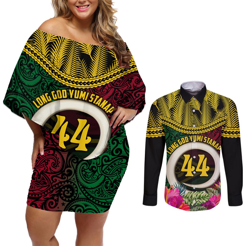Vanuatu 44th Anniversary Independence Day Couples Matching Off Shoulder Short Dress and Long Sleeve Button Shirt Boars Tusk and Namele Plant LT03 Black - Polynesian Pride