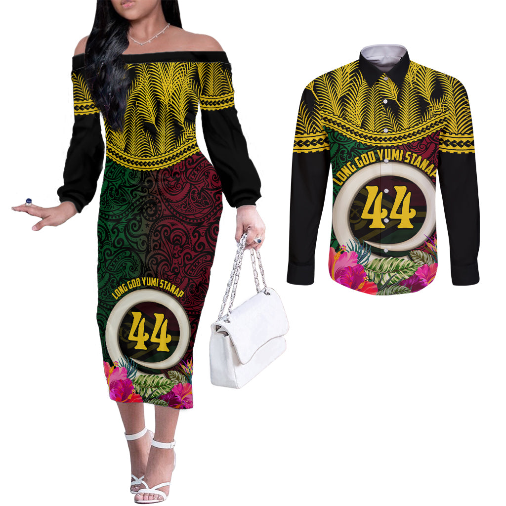 Vanuatu 44th Anniversary Independence Day Couples Matching Off The Shoulder Long Sleeve Dress and Long Sleeve Button Shirt Boars Tusk and Namele Plant LT03 Black - Polynesian Pride